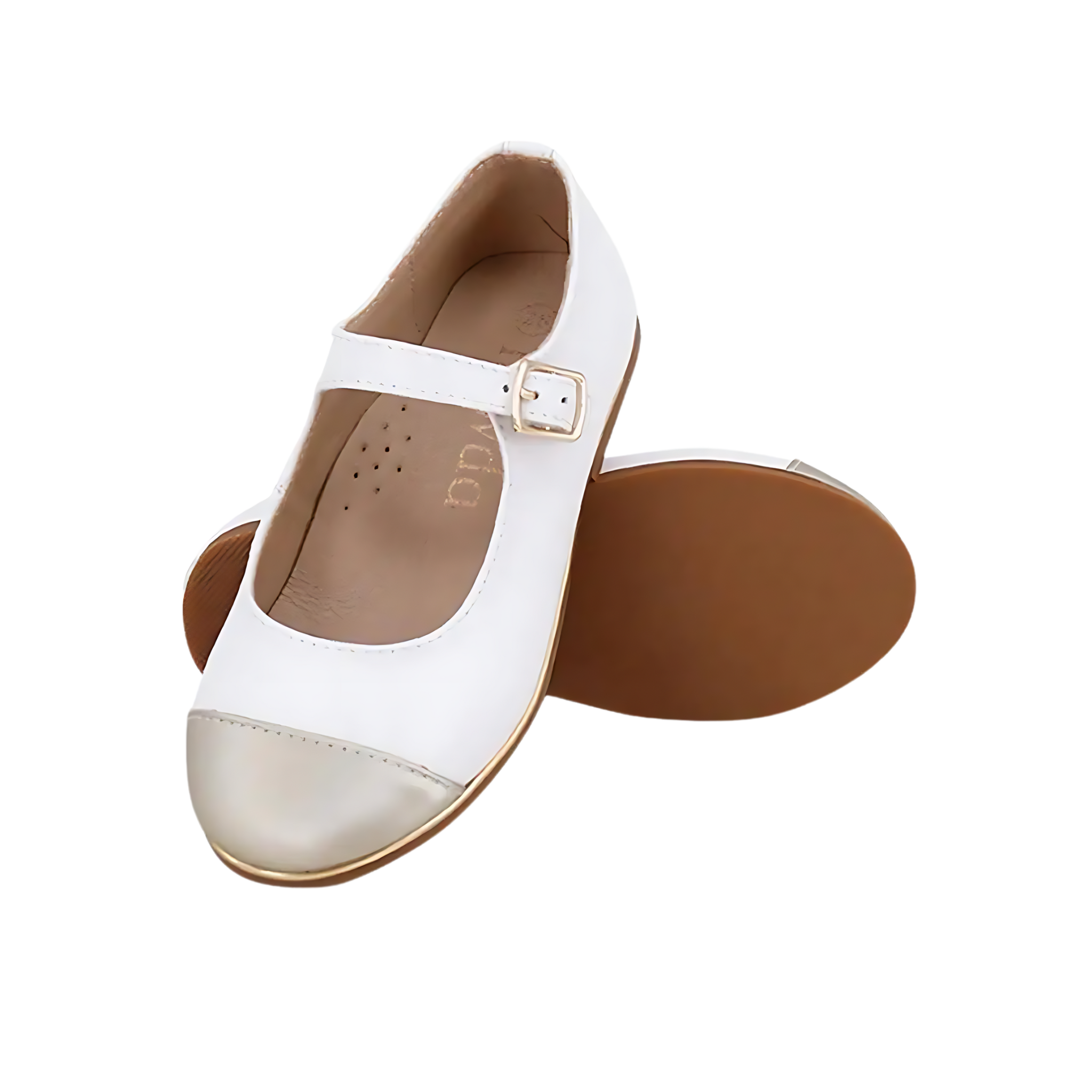 Girls White Flats with Gold Toe Cap