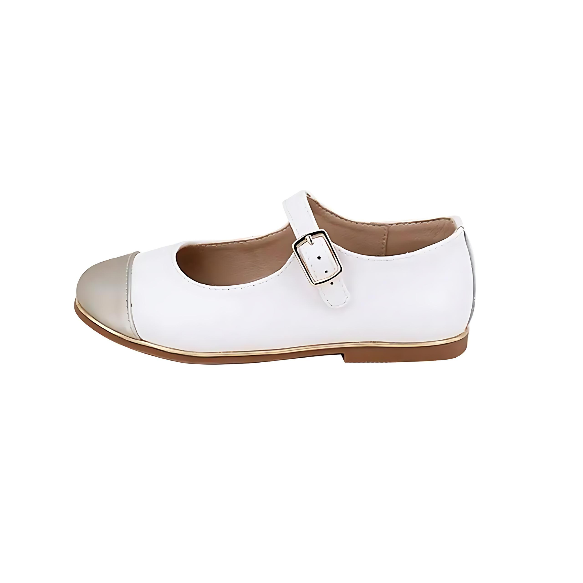 Girls White Flats with Gold Toe Cap